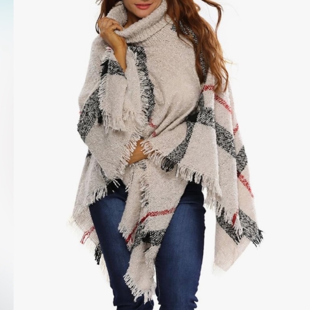 🍂 Plus Size Plaid Turtleneck Knitted Cape Coat, Casual Tassel Trim